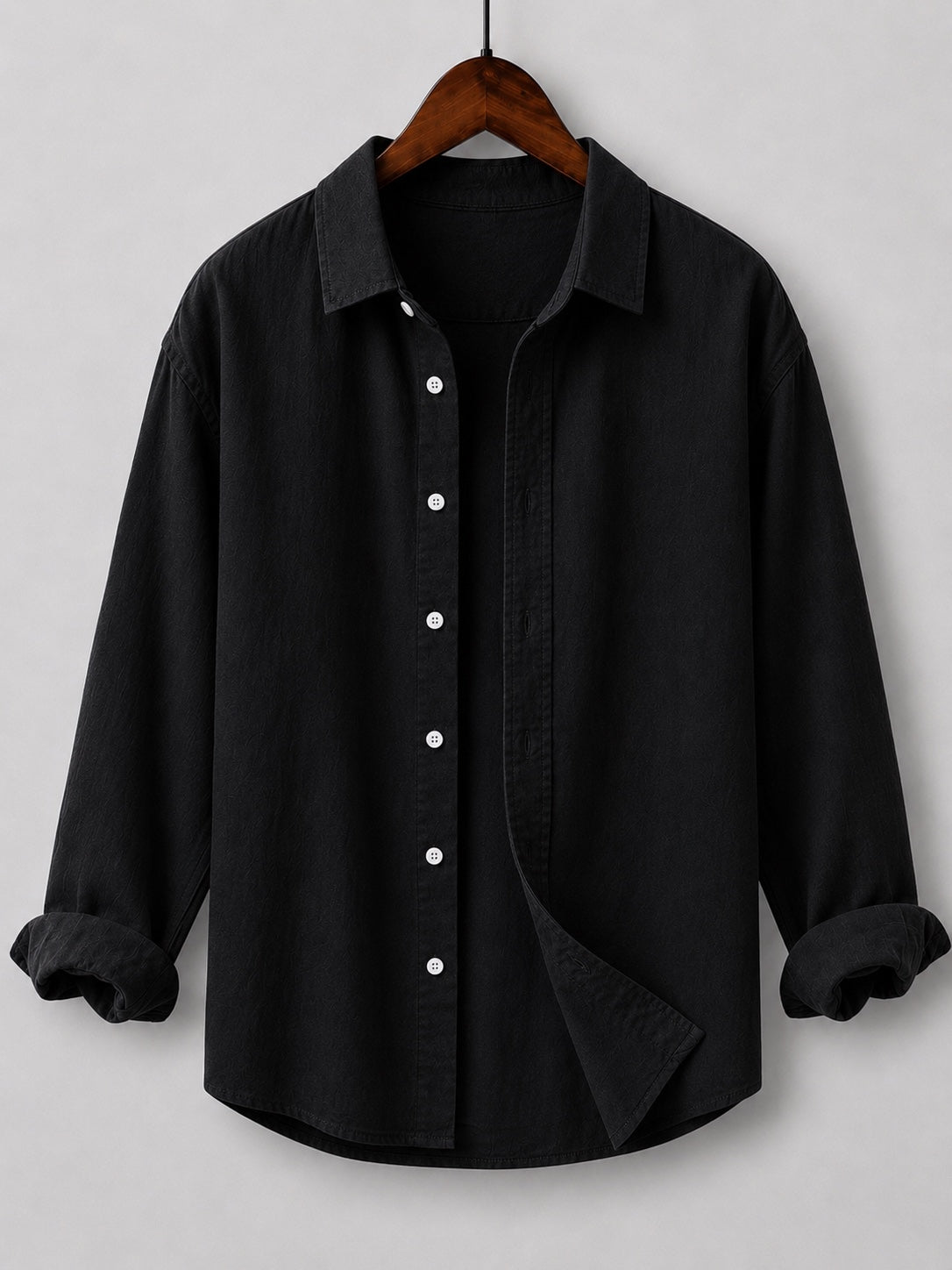 Black linen blend kids shirt on hanger without inner
