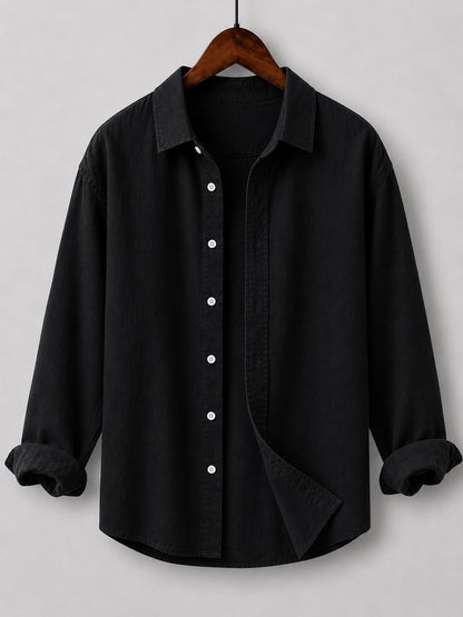 Black linen blend kids shirt on hanger without inner