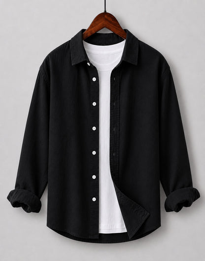 Black linen blend kids shirt on hanger with white inner