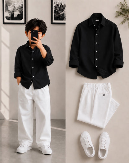 Black linen blend kids shirt lifestyle outfit