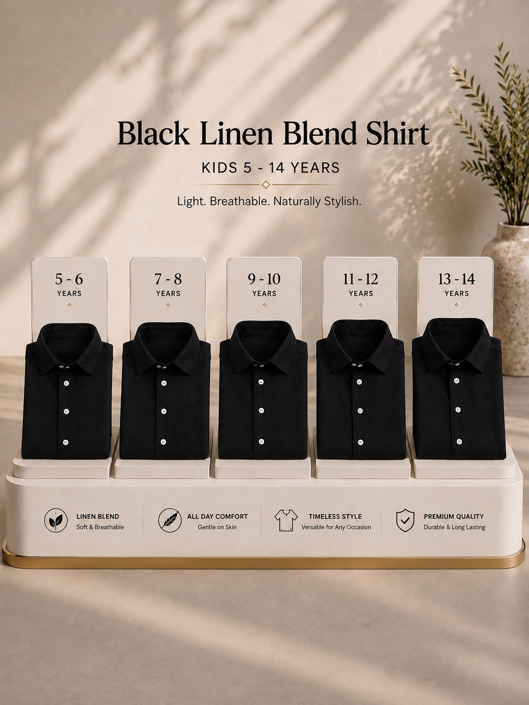 Black linen blend kids shirt size guide ages 5 to 14