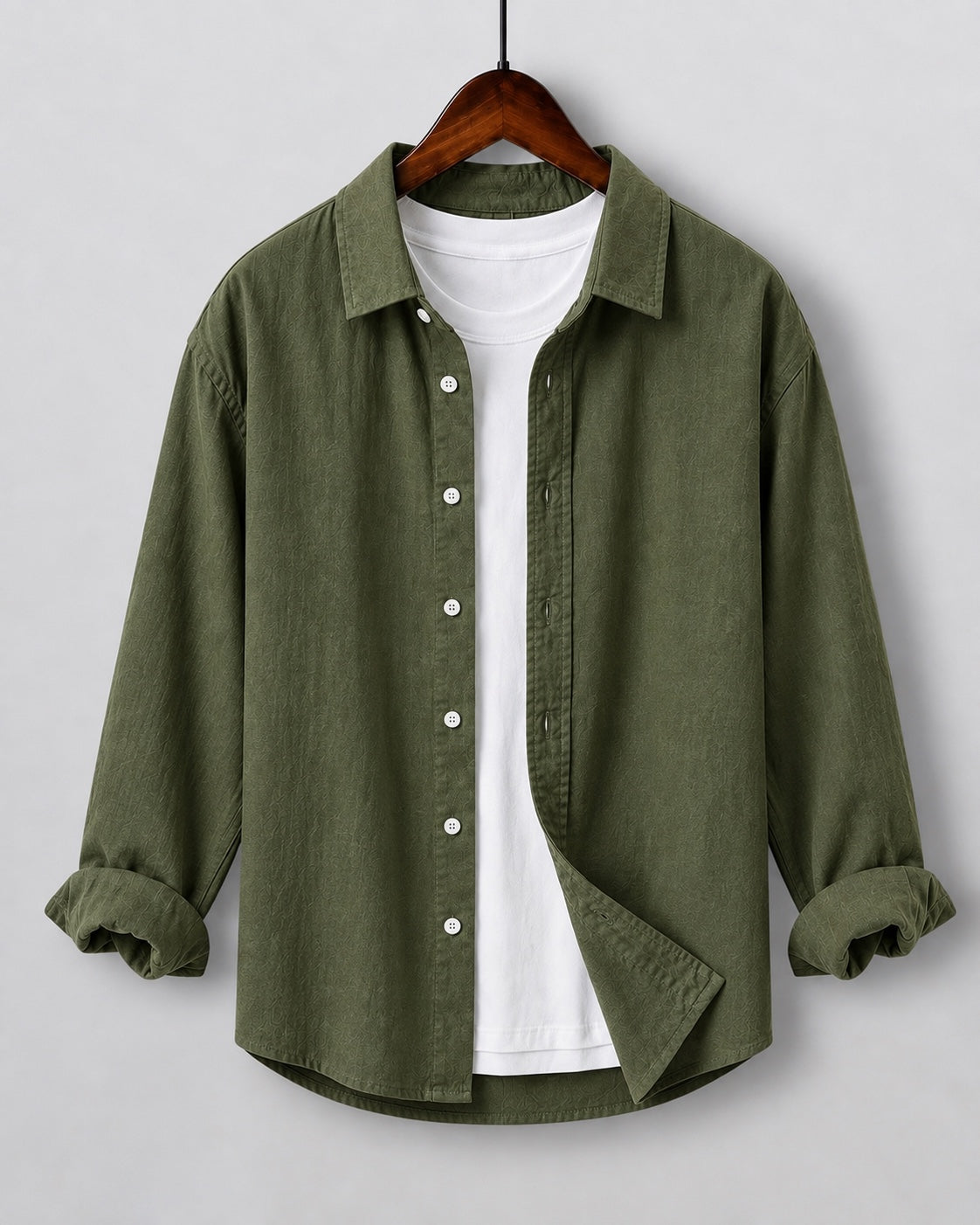 Olive green linen blend kids shirt on hanger with white inner