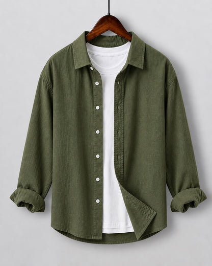 Olive green linen blend kids shirt on hanger with white inner