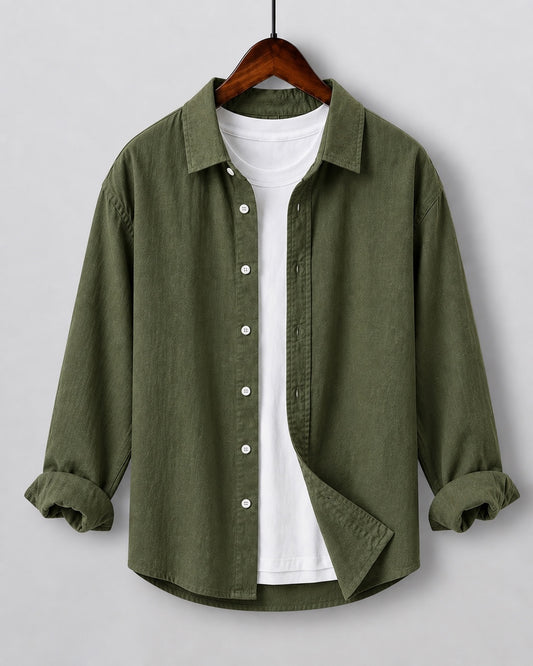 Olive green linen blend kids shirt on hanger with white inner