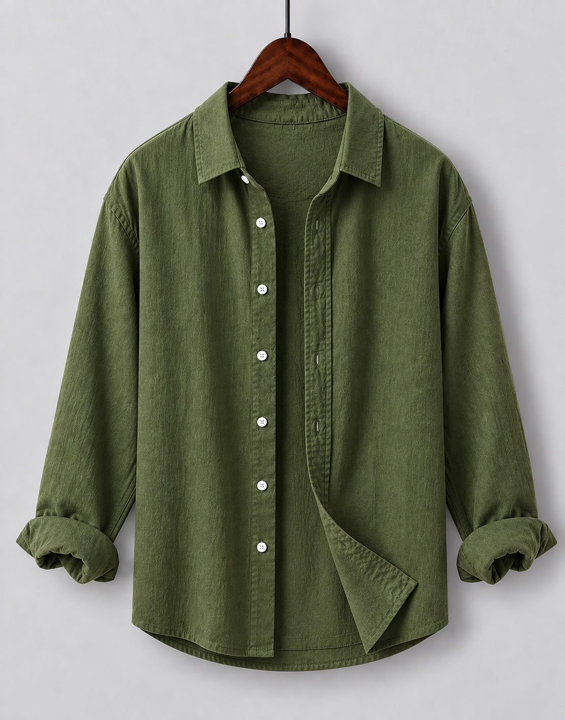 Olive green linen blend kids shirt on hanger