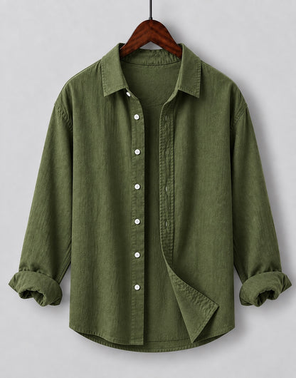 Olive green linen blend kids shirt on hanger