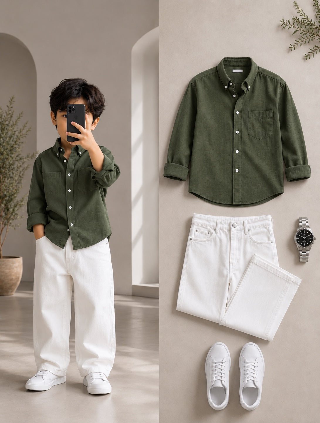 Olive green linen blend kids shirt styled outfit