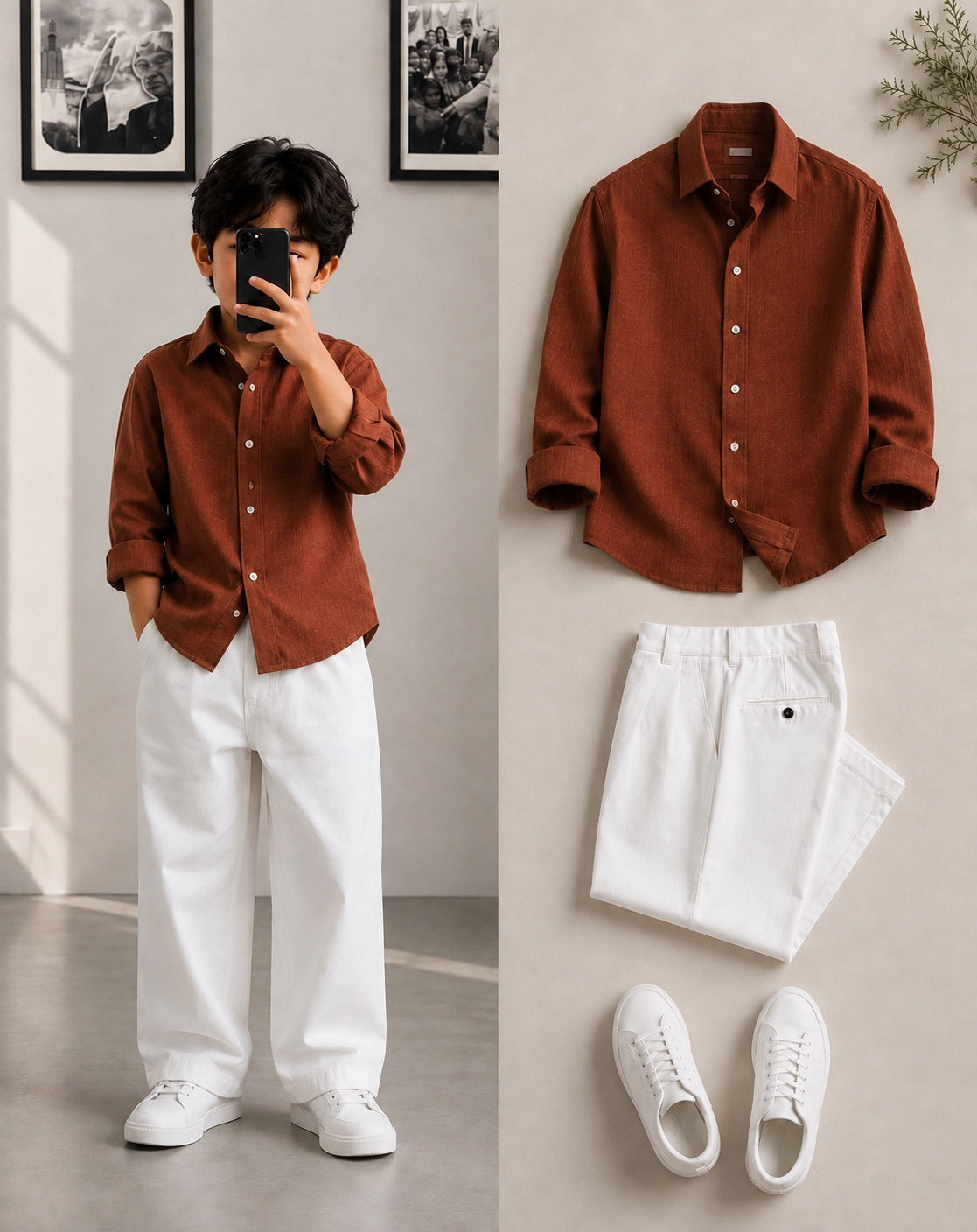 Terracotta linen blend shirt styled for kids
